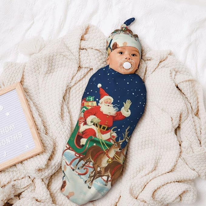 Christmas Baby Swaddle Blanket and Hat Set for Newborn Boys Girls Soft Infant Wrap Sleep 0-6 Months Xmas Santa
