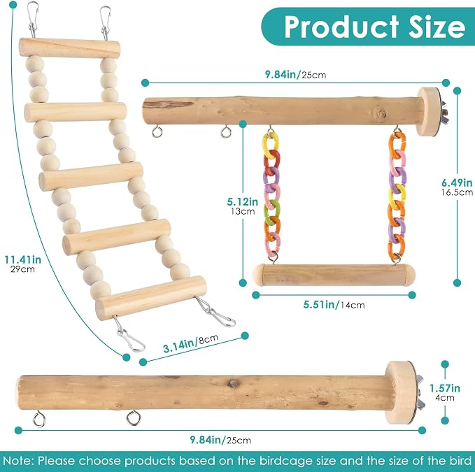 DBNESS Bird Perches Ladder with Swing, Natural Wood Parrot Climbing Bridge Perch Toys, Exercise Play Stand Parakeet Cage Accessories for Budgie Cockatiel Green-Cheeked Conure Caique