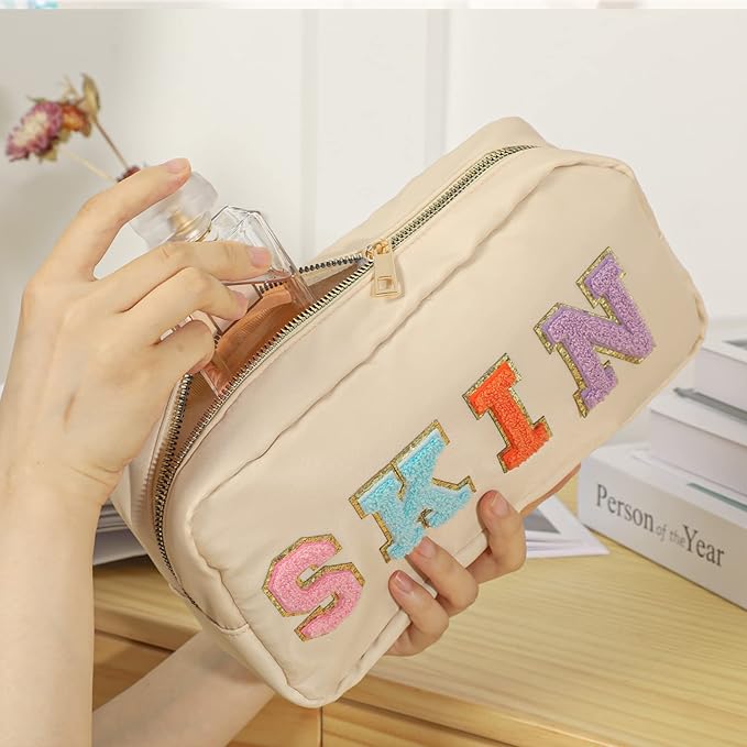 DYSHAYEN Nylon Cosmetic Bag Preppy Skin Care Bag Makeup Bag for Women Travel Toiletry Organizer with Chenille Letter Patches (Beige-SKIN)