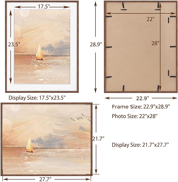 22x28 Picture Frame in Walnut, 22 x 28 Poster Frames for Wall, Solid Oak Wood Picture Frame 22"x28" with Glass, 22x28 Frame Matted to 18x24, 28x22 Wood Frame, 22 by 28 Art Frames, Walnut Color, 1 Pack