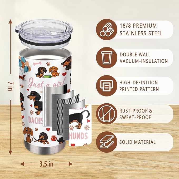20oz Stainless Steel Just a Girl Who Loves Dachshunds Tumblers for Women | Dachshunds Gifts, Wieners Gift for Women, Dog Tumblers with Brush & Straw, Gifts for Thanksgiving Christmas, 1 PCS