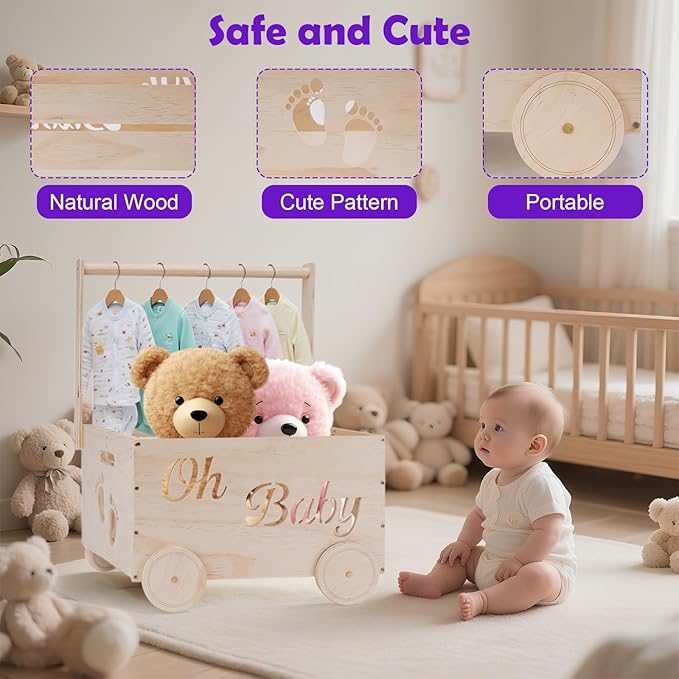 Baby Shower Gifts Baskets, Wooden Baby Closet Gifting for Newborn Boys and Girls, Wood Crate Box with Handle and Wheels, Personalized Cute Babyshower Decorations Basket for New Born