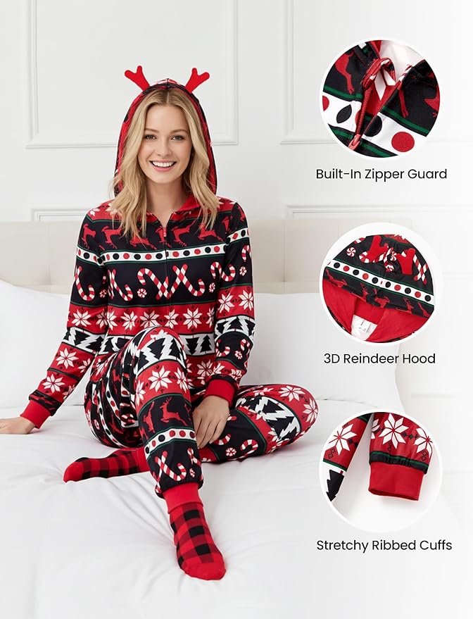 PATPAT Matching Family Christmas Onesie Pajamas – Holiday Hooded Jumpsuit Sleepwear PJs Couples Xmas Loungewear with Socks