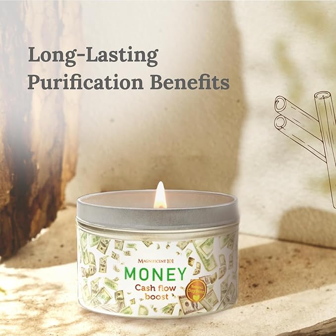 Magnificent 101 Long Lasting Money Aromatherapy Candle | 6 Oz - 35 Hour Burn | Made of Sage Scented Soy Wax Candle for House Energy Cleansing, Purification & Manifestation | Boost Your Cash Flow