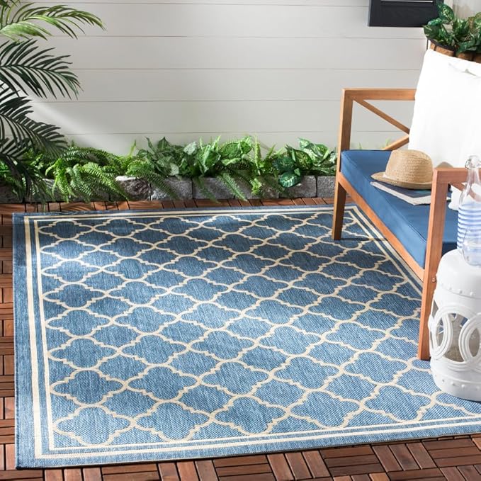 SAFAVIEH Washable Rug Outdoor Courtyard Collection - 6'7" x 9'6", Blue & Beige, Non-Shedding & Easy Cleaning, Ideal for Patio, Backyard, Mudroom (CY6918-243)