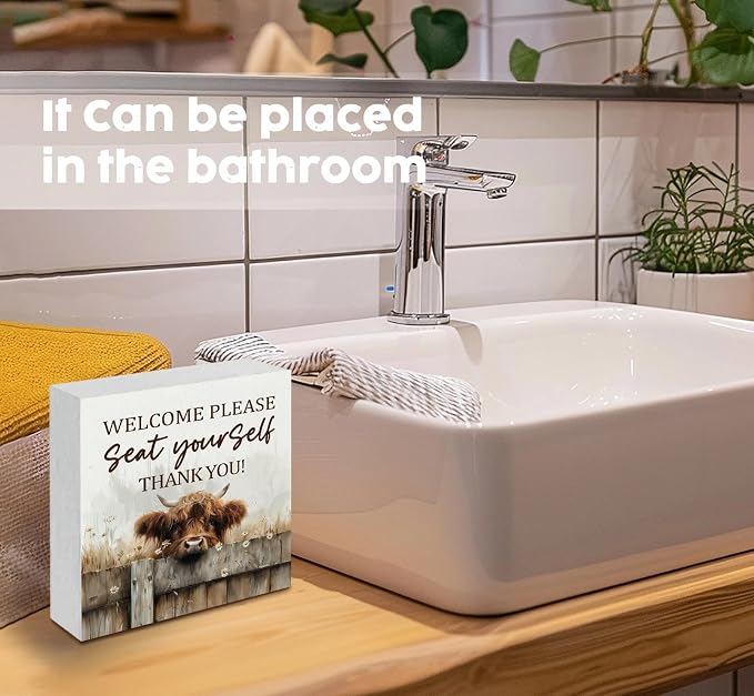 Highland Cow Bathroom Decor Sign - Farmhouse Western Animal Bathroom Decor,Rustic Farm Animal Welcome Please Seat Yourself Thank You Signs,Highland Cow Gifts for Women Signs & Plaques