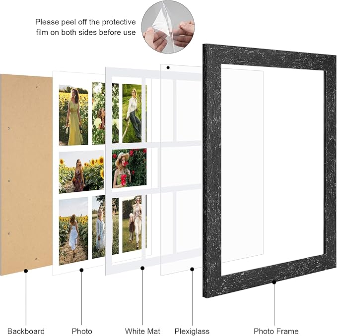 13x17 Picture Frame Display 8 opening 4X6 Picture Frame Collage,Multi Photo Frame with Mat,Plexiglass,Wall or Tabletop Decor,Black Wood Grain
