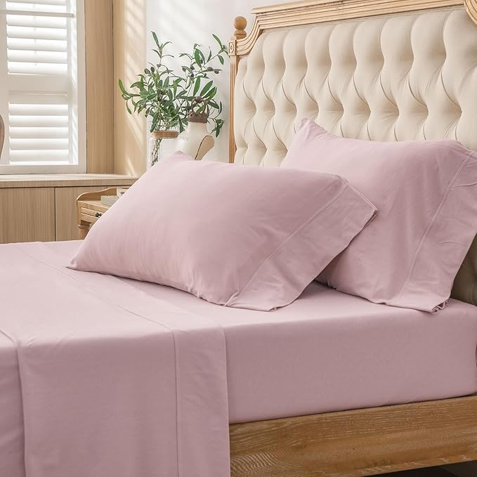 PURE ERA Jersey Knit 4pc Bed Sheet Set 100% T-Shirt Cotton Super Soft Comfy Breathable Fits Mattress Up to 20" Extra Deep Pocket (Solid Light Pink, Queen)