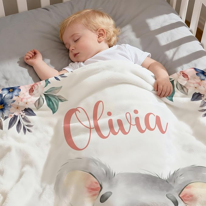 Personalized Baby Blankets for Girls with Name, Customized Koala Baby Girls Blanket with Name for Baby Newborn Gifts, 30"x40"