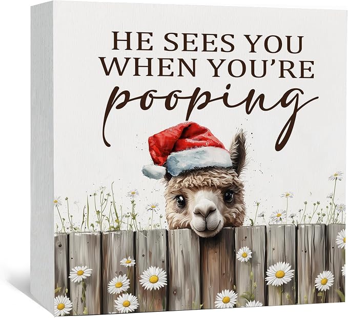 Christmas Alpaca Home Bathroom Decor Sign - Farmhouse Western Christmas Animal Bathroom Decor,Rustic Farm Animal He Sees You When You're Pooping Signs,Alpaca Gifts for Women