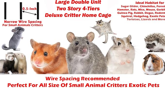 Two Full Story Deluxe Double Unit Critter Home Cage Double Durable Front Doors Safety Lock Tight 1/2-inch Wire Spacing for Feisty Ferret Hammock Chinchilla Cat Rat Gerbil Sugar Glider On Wheels