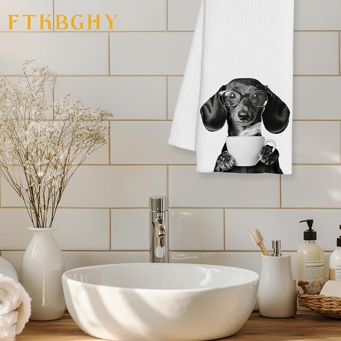 Funny Dachshund Coffee Kitchen Towels, Dachshund Gifts for Women, Sausage Wiener Dog Gifts Decorative Dish Hand Tea Towels for Kitchen Coffee Bar Decor, 16x24 Inch