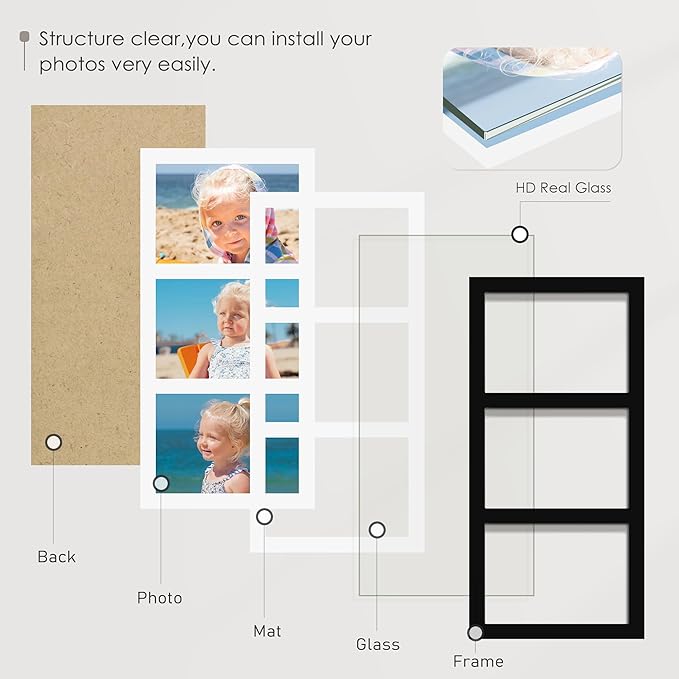 5x7 Picture Frame Collage Holds 3 Photos Made of High Definition Glass, Mat for Display 4x6 Picture Frame Collage Photo for Wall Decor Black