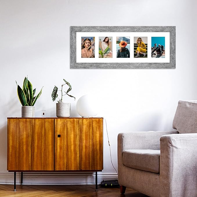 8x24 Picture Frame Display 5 opening 4X6 Picture Frame Collage,Multi Photo Frame with Mat,Plexiglass,Wall or Tabletop Decor,Grey Wood Grain