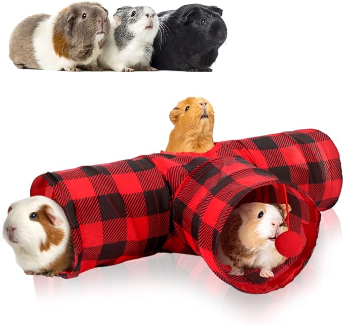 Rypet Guinea Pig Tunnel Hideout 3-Way Collapsible Small Pet Tubes, Red | 3 Way Design for Exploration, Collapsible for Easy Storage, Built-in Play Ball, Hiding & Resting for Hamsters Ferrets