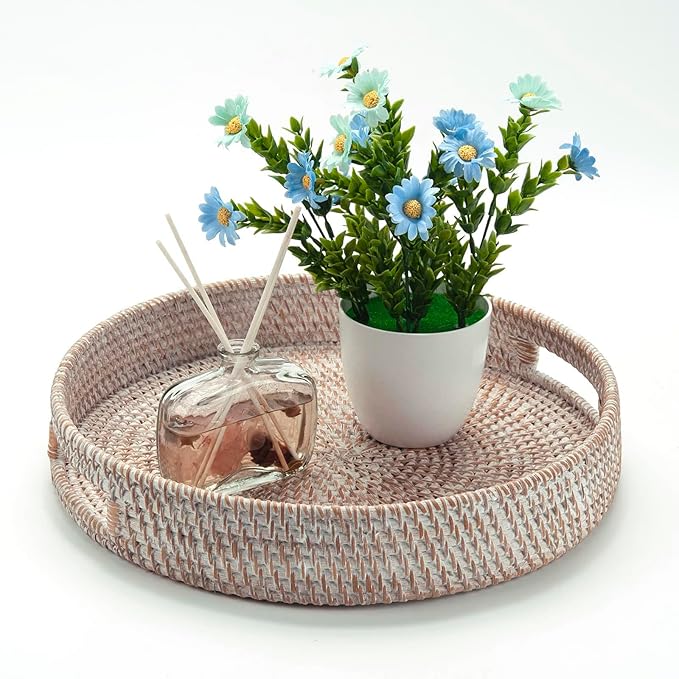 14.2" Round Rattan Tray, Hand Woven Serving Tray with Handles, Wicker Serving Basket, Decorative Tray for Home Decor, Whitewash