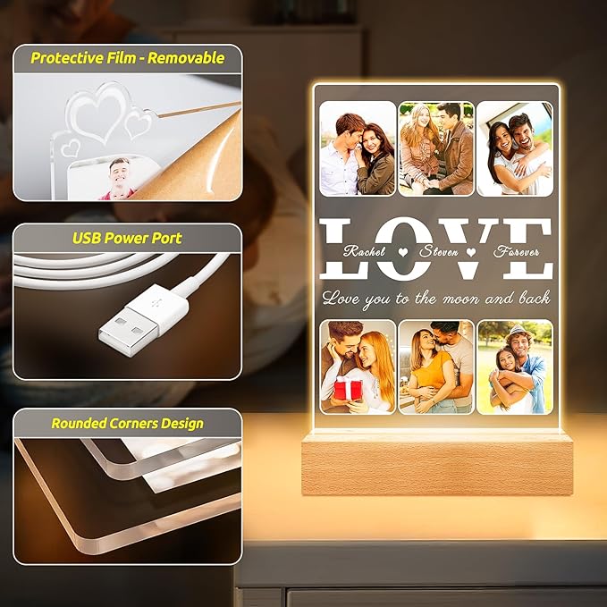 Personalized Picture Frames with Photo, Custom Photo Frame with Night Light, Personalized Photo Gifts, Customized Christmas Anniversary Couples Gifts for Women Men Girlfriend Boyfriend Her Him