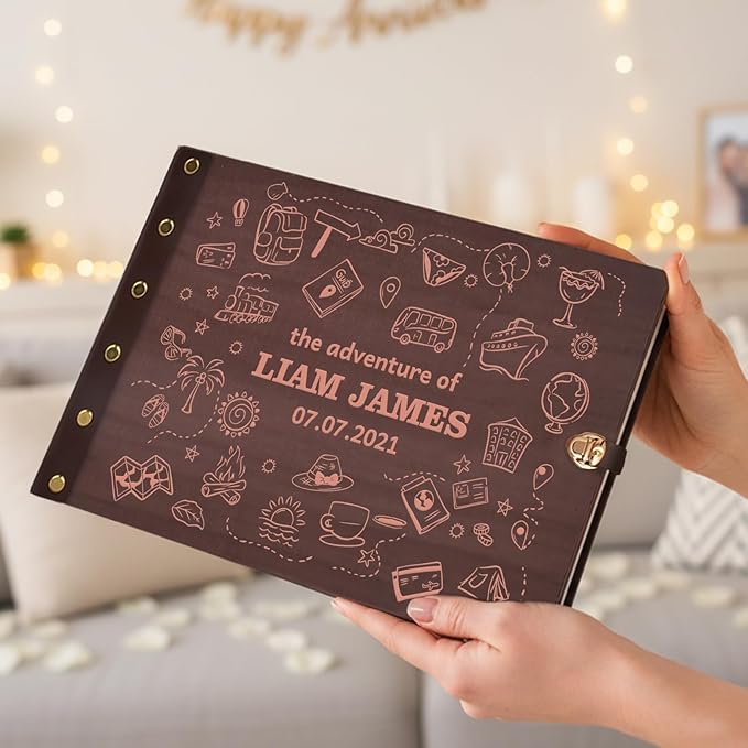 Personalized Adventure Photo Album,Wooden Memory Books for Keepsakes, Custom Travel Scrapbook Craft Kit, DIY Adventure Book for Couples, Travel Memories, Adventure Lovers