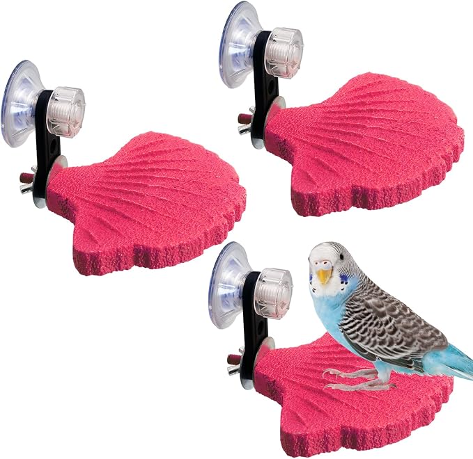 3PCS Bird Perch Bird Beak Grinding Stone with Suction Cups for Small Birds Foot Claws Trimmer Bird Stand Platform Parakeet Cage Perch Parrot Cage Accessories for Indoor Window Viewing (Pink)