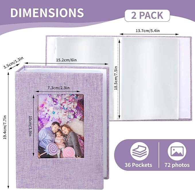 vivinin 2 Pack Photo Album 5x7, Linen Cover Photo Book, Small Photo Album Book for 36 Pockets Hold 72 Pictures, Picture Book for Photos Family Anniversaries Baby Vacations (Purple)