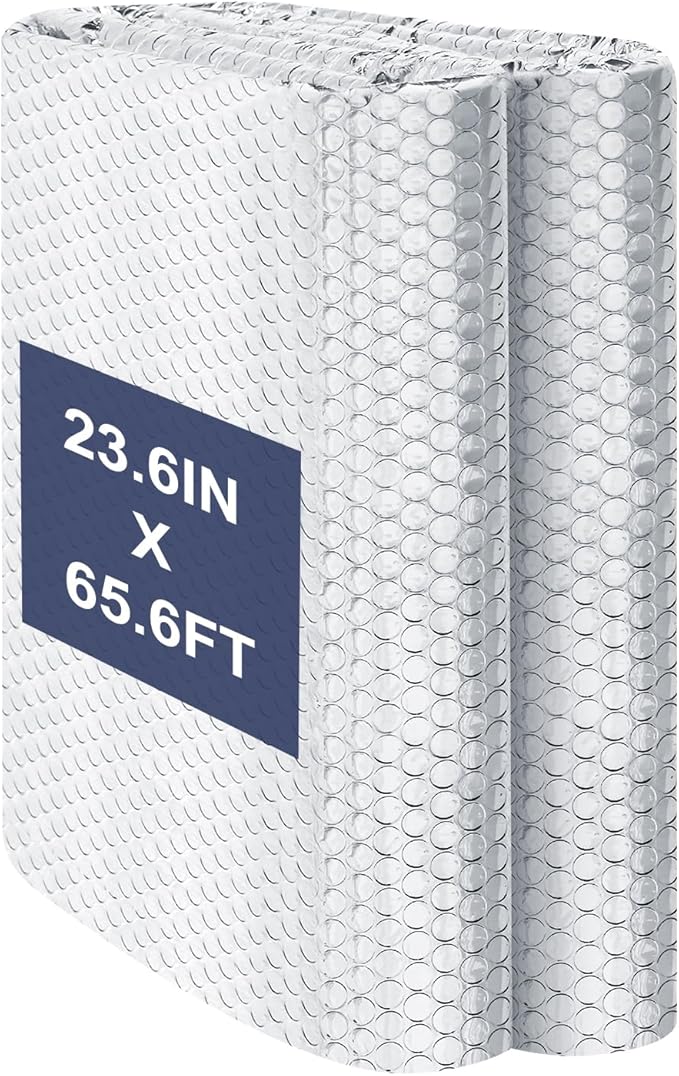 Double Reflective Bubble Foil Insulation Foam,23.6IN X 65.6FT Aluminum Foil Thermal Insulation Radiant Barrier for Windows, Garage Door, RV, Roof