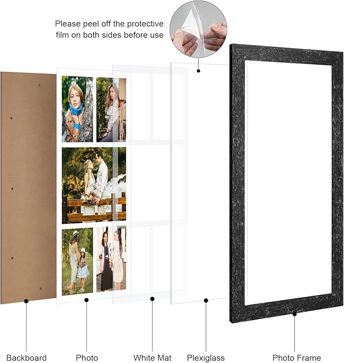 11x23 Picture Frame Display 5 opening 5x7 and 8x10 Picture Frame Collage,Multi Photo Frame with Mat,Plexiglass,Horizontal and Vertical Formats for Wall Decor,Black Wood Grain