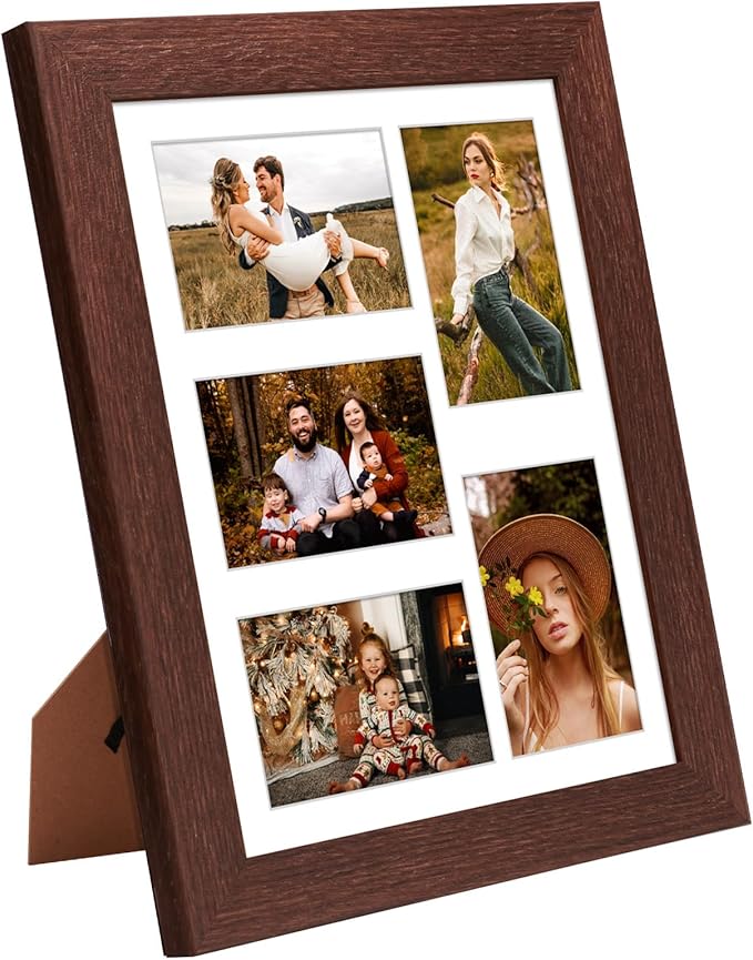 11x14 Picture Frame Display 5 opening 4X6 Picture Frame Collage,Multi Photo Frame with Mat,Plexiglass,Wall or Tabletop Decor,Walnut Wood Grain