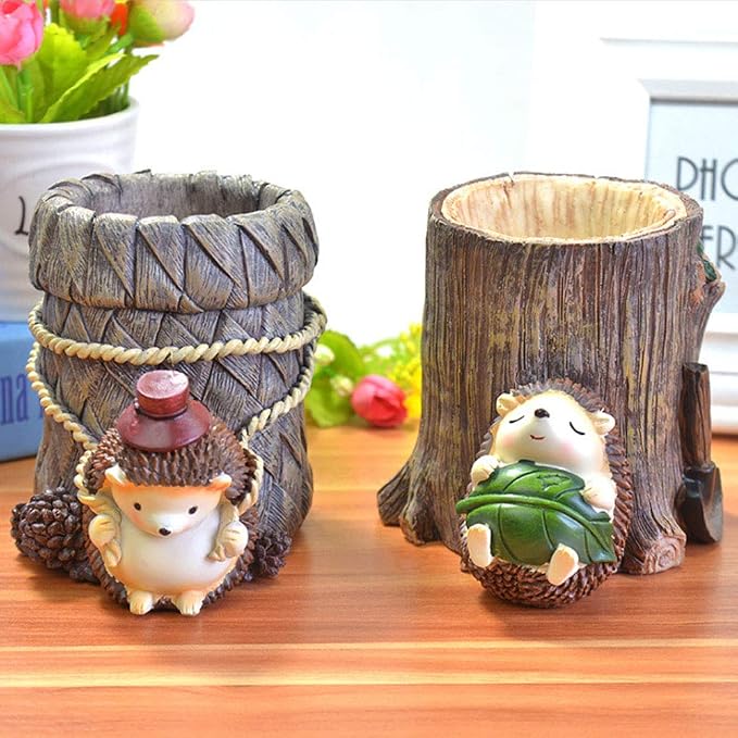 Lependor Cute Hedgehog Desk Pen Pencil Pot Holder Toothbrush Holder Resin Desktop Organizer Container Stationery Storage Office Desk Decoration Study Bookshelf Decor - Rest