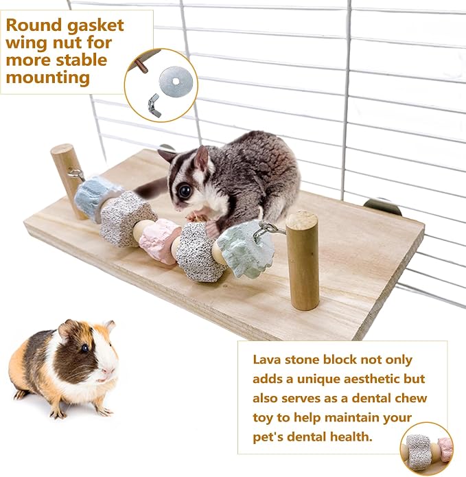 Hamster Platform Chinchilla Ledge Chew Toys with Lava Stone Block for cage | Wooden Climb Rest Shelf, Nail Trimming Bird Perch, Teeth Grinding Toys for Gerbil Mouse Parakeets Budgie Rat Cage Accessories