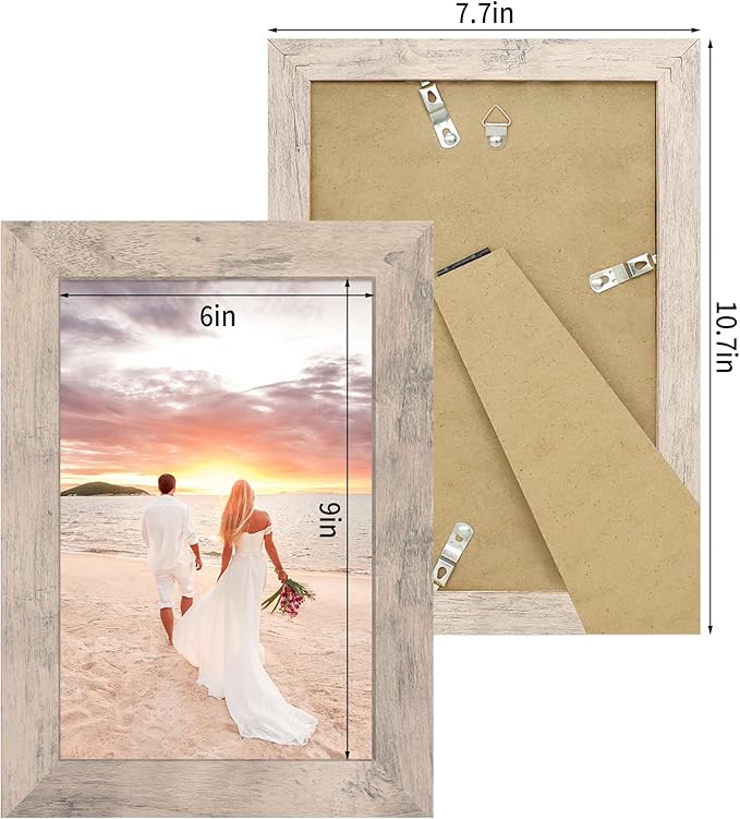 iRahmen 6x9 Picture Frame Set of 4, Smoke Gray Frame with High Definition Glass, 6 x 9 Wood Rustic Photo Frames for Horizontal or Vertical Tabletop and Wall Mounting