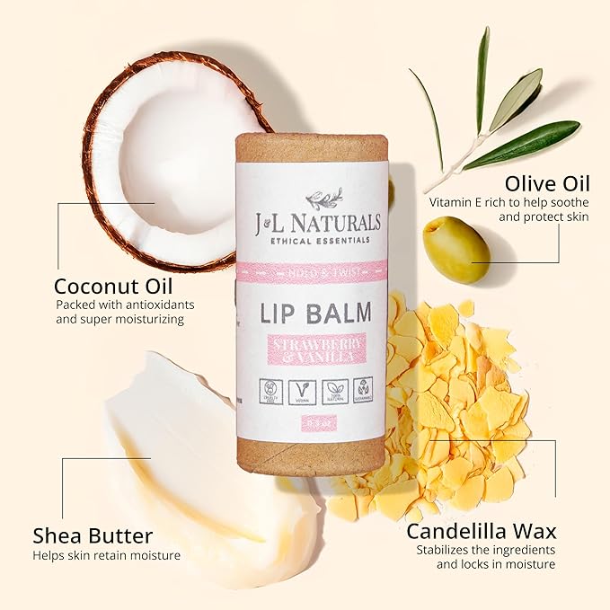 J&L Naturals Sustainable Lip Balm | Organic Ingredients, 100% Natural, Eco-Friendly | Cruelty Free, Vegan, Paraben Free, Silicone Free (Strawberry & Vanilla, Single)