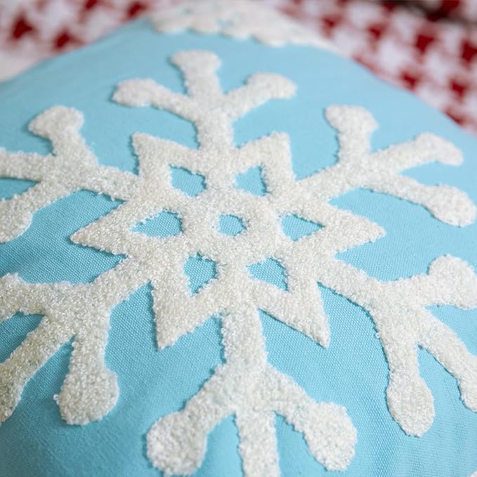 Elife Soft Square Christmas Snowflake Home Decorative Canvas Cotton Embroidery Throw Pillow Covers 18x18 Cushion Covers Pillowcases for Sofa Bed Chair (1 Pair, Sky Blue)