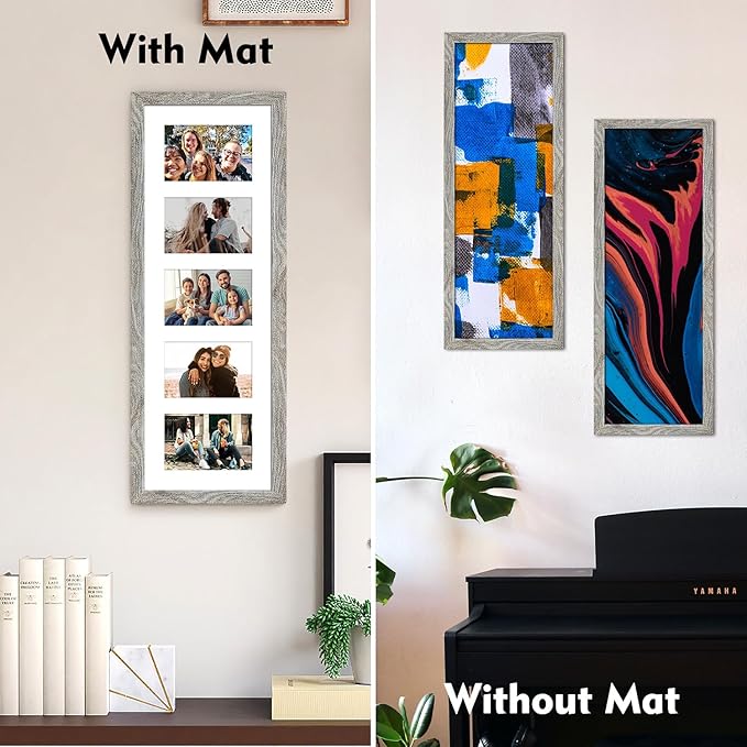8x24 Collage frame with 5 Openings 4X6 Pictures, Multiple Picture Frame with Mat, Wall or Tabletop Decor, Grey Wood Grain (1 Pack)