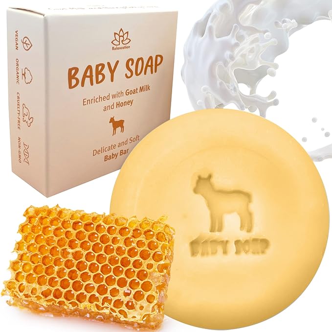 Relaxcation 3 Baby Soap Bars with Goat Milk and Honey - Naturally Cold Processed from Organic Ingredients - Handmade in USA - Ideal fro Newborns, babys, Kids and Adults (Pack of 3