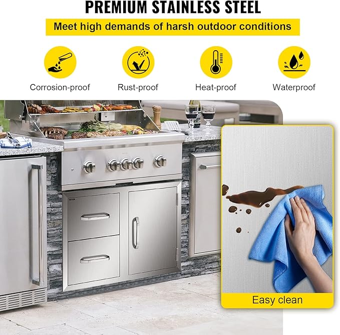 VEVOR Outdoor Kitchen Door Drawer Combo, 32.5" W x 21.6" H x 20.5" D, Access Door/Double Drawers with Paper Towel Rack, Stainless Steel Handles for BBQ Islands