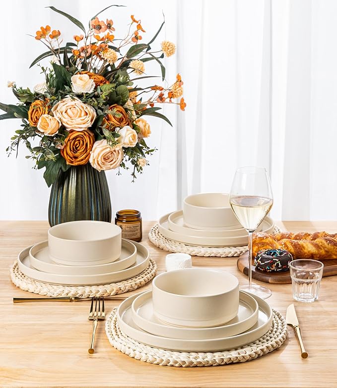 TheTerra Ceramic Dinnerware Sets for 4, 12 Pieces Handmade Reactive Glaze Plates and Bowls Set, Scratch Resistant Dish Set, Oven & Microwave & Dishwasher Safe, Matte White