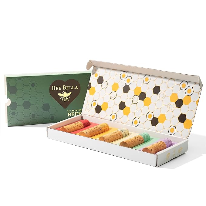 Bee Bella Lip Balm Variety 5 Pack Gift Set, Cherry, Pomegranate Mango, Vanilla Bean, Peppermint, & Lavender Vanilla, Gift, Organic Beeswax with Vitamin E, Handmade in USA