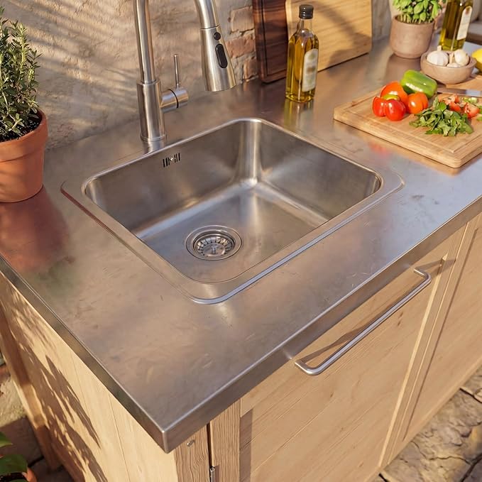 MOUMON Patio Kitchen Sink Cabinet with Stainless Steel Countertop, Solid Cedar Patio Prep Table with Trash Bin Compartment, Outdoor Cooking Station, Sink not Included, Oak 51.2”W x 23.6”D x 37.4”H