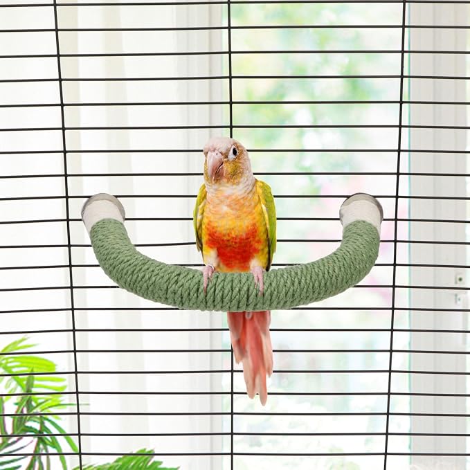 Hypeety U Shape Bird Hemp Rope Perch Parrot Paw Grinding Stand, Green, L | U shape, natural wood with hemp rope, grinding paw and beak naturally, birdcage accessories, for budgies/cockatiels/conures