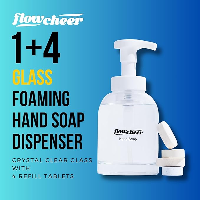Foaming Hand Soap Refill Tablets - Glass Foaming Soap Dispenser Combo - CrystalClear Real Glass Bottle 11 oz - 4 Refill Tablet Included Start Kit - Soap Pump for Bathroom Kitchen Countertop