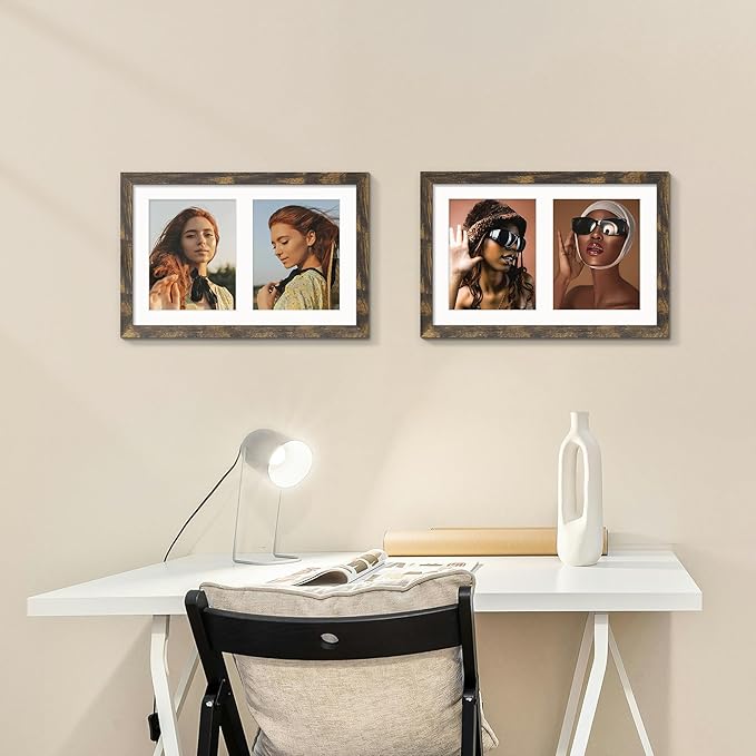 12x19 Double Picture Frame 8x10 Displays Two 8x10 inch Photos Collage Available Horizontal Wall Mounting Display and Vertical Brown