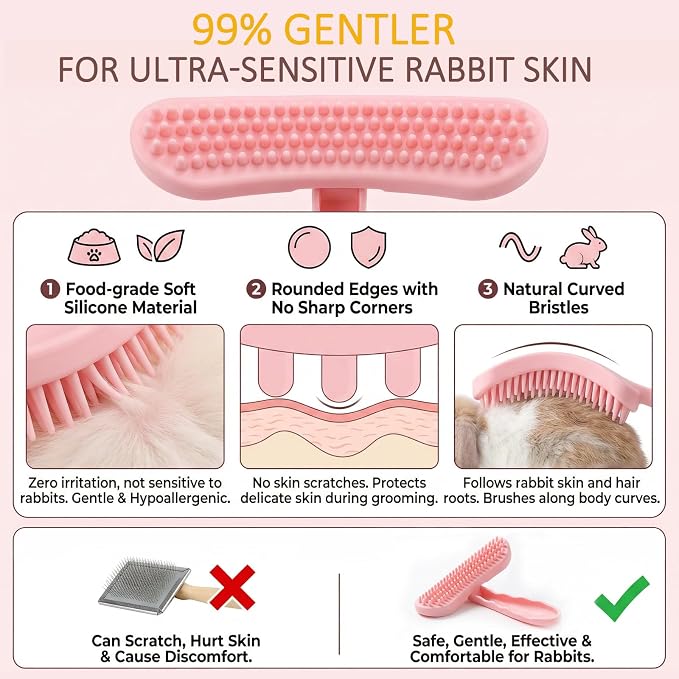 MCTOURY Rabbit Brush for Shedding Grooming: Effective at Removing 99% Loose Hair - Gentle Massage Appears Relaxed Comfortable & Soft Bristles - Safe for Sensitive Bunnies Cats Small Pets