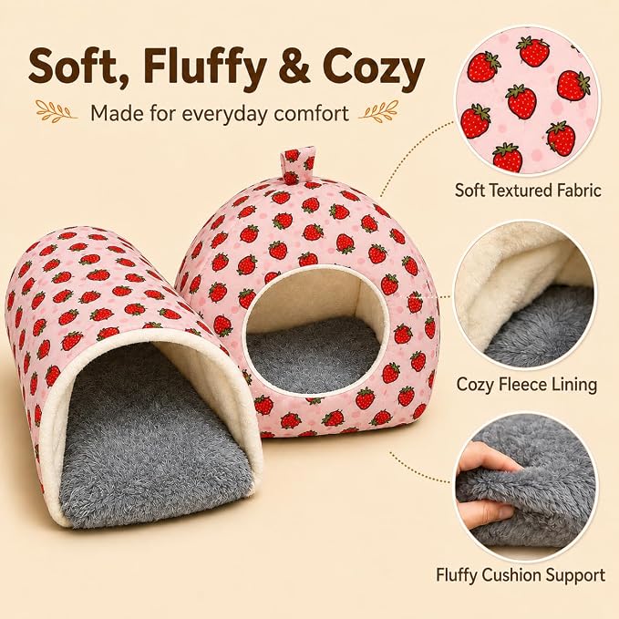 Hamster Hideout Tunnel Set, 2 Pack Washable Small Animal Bed with Removable Cushion, Cozy Play Tunnel Cage Accessories for Hamsters, Hedgehogs, Mice, Rats, Gerbils, Pink Strawberry