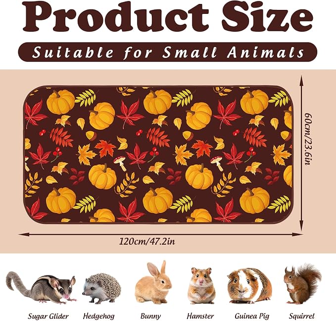 JarThenaAMCS 3 Pcs Guinea Pig Cage Liner Reusable Bunny Squirrel Mat Fall Maple Leaves Pumpkin Washable Small Animal Pee Pads for Autumn Rabbit Hamster Chinchilla Ferret Accessory, 24 x 47 in