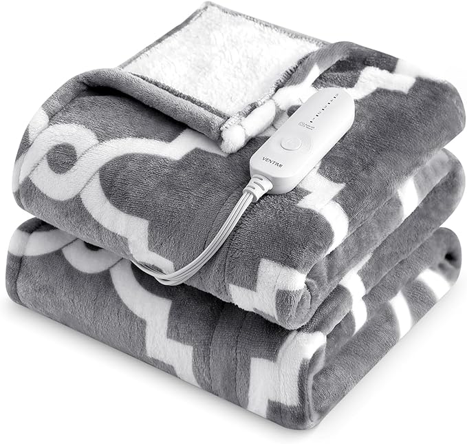 VENTIMI Electric Heated Blanket Throw, Heating Blanket with 5 Heat Settings & 3 Hours Auto-Off Timer, Warm Flannel Sherpa Heated Throw for Winter, Overheat Protection, 50’’×60’’, Machine Washable