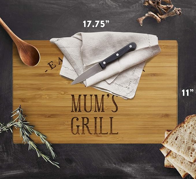 Andaz Press Large Bamboo Wood BBQ Cutting Board Gift, 17.75 x 11-inch, Mum's Grill, 1-Pack, Laser Engraved Serving Chopping Board Christmas Birthday Chef Kitchen Ideas