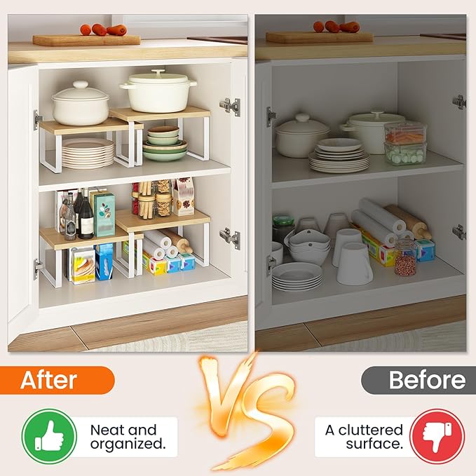HOOBRO Spice Rack Set of 2, Kitchen Counter Organizer, Kitchen Storage, Cabinet Organizer Shelf, Nest, Stackable, Side-by-Side & L-Shape for Cabinet, Kitchen, Natural and White WN33TL01