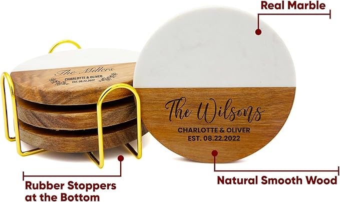 Personalized Coasters for Couples, Wedding, Housewarming Gifts for Home Decorataions, Custom Coaster for Newlyweds, Anniversary, Christmas, Engagements, Valentines Day, Two-Tone Marble and Wood