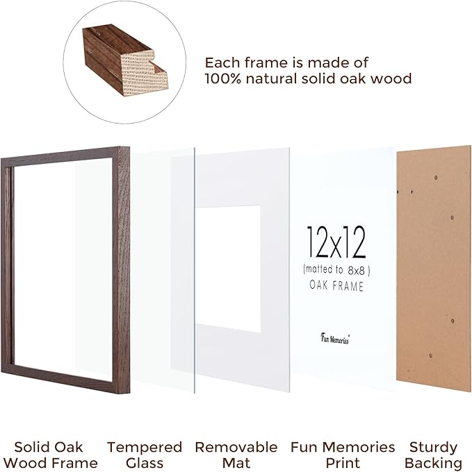 Square 12x12 Picture Frame, Oak Wood Frame 12 by 12, 12"x12" Photo Frames for Wall, 12 x 12 Picture Frame with Mat for 8 x 8, 12x12 Collage Wall Gallery Frame, Tempered Glass - Walnut Color, 1 Pack