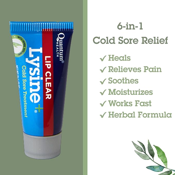 Quantum Health Lip Clear Lysine+ Cold Sore Treatment Soothe & Moisturize Mouth Sores - L-Lysine Menthol Calendula & Propolis Ointment - Transparent Fever Blister Healing Balm - 0.25 Oz